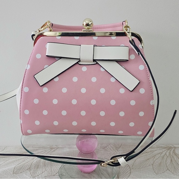 Handbags - Pink Polka Dot Handbag with Bow Accent